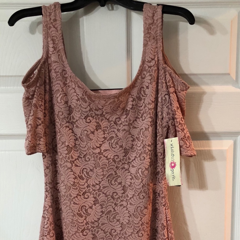 Wishful Park Blush Lace Cold Shoulder Midi Dress. This dress is a Junior fit.